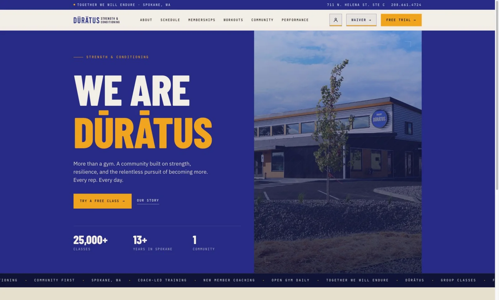 The public Dūrātus homepage, showing the gym’s identity and links to schedules, memberships and workouts