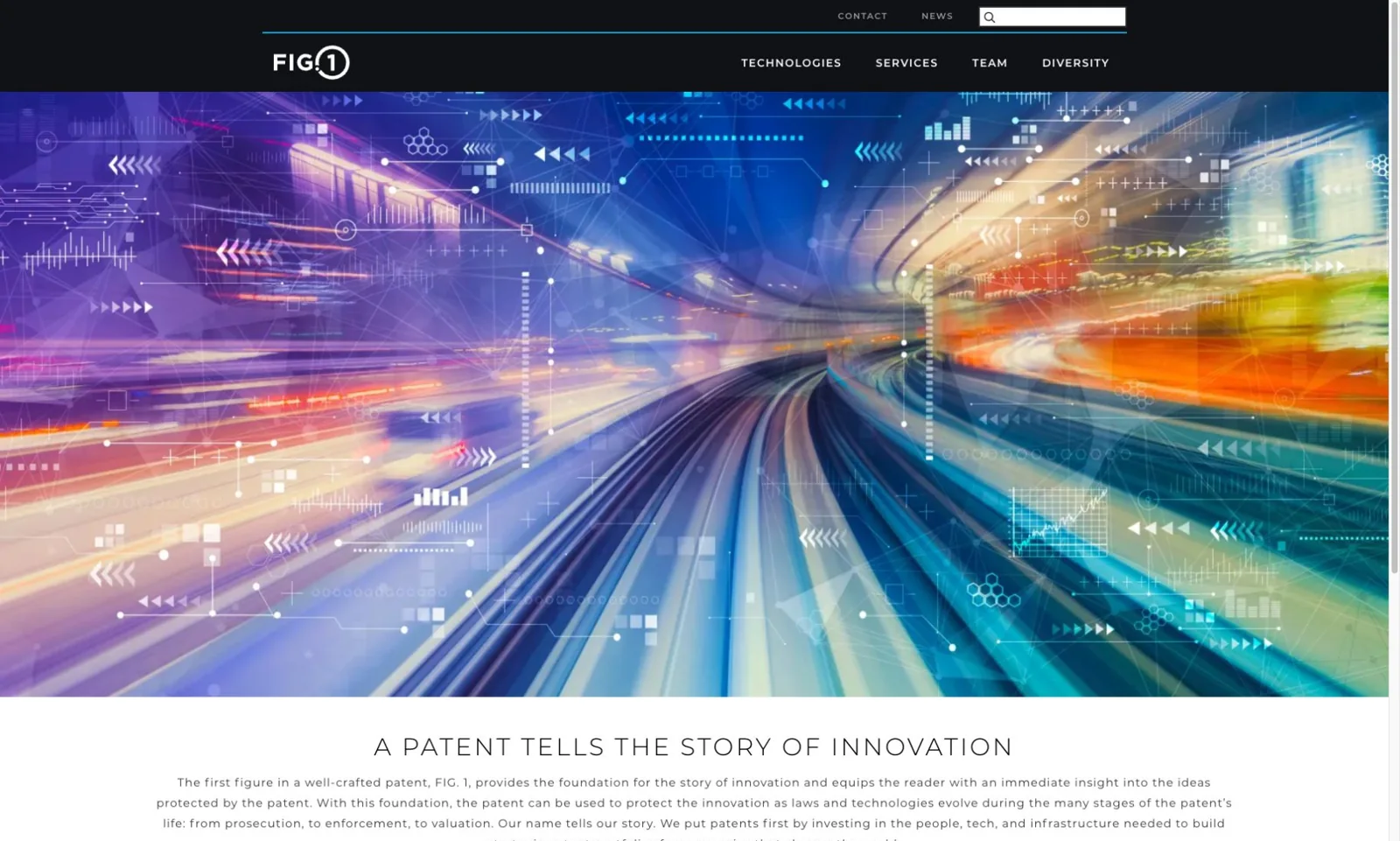 The public FIG.1 Patents homepage, with navigation for technologies, services, team, diversity, contact and news